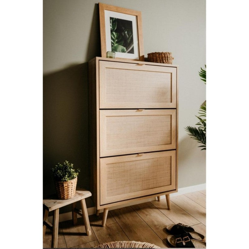 Space-saving shoe rack with 3 drop-down doors, "Bali" wicker effect, double depth