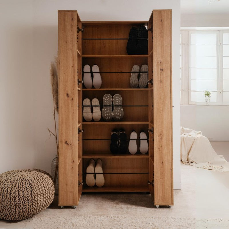 Slim, 2-door "Lugo" wooden shoe rack with 5 space-saving compartments