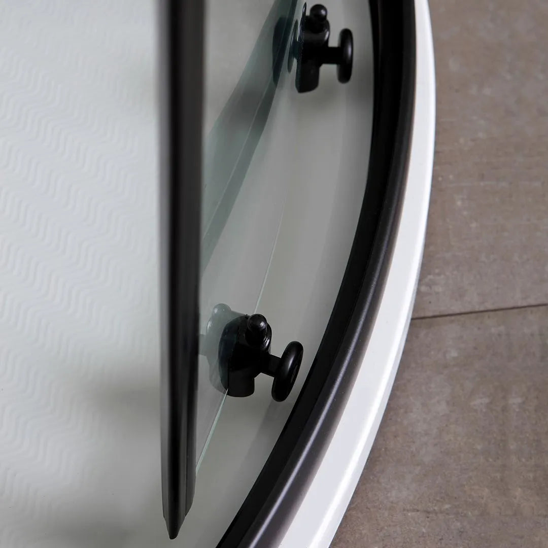 Semicircular "Cielo One" bathroom shower enclosure in silk-screened glass with a matt black frame
