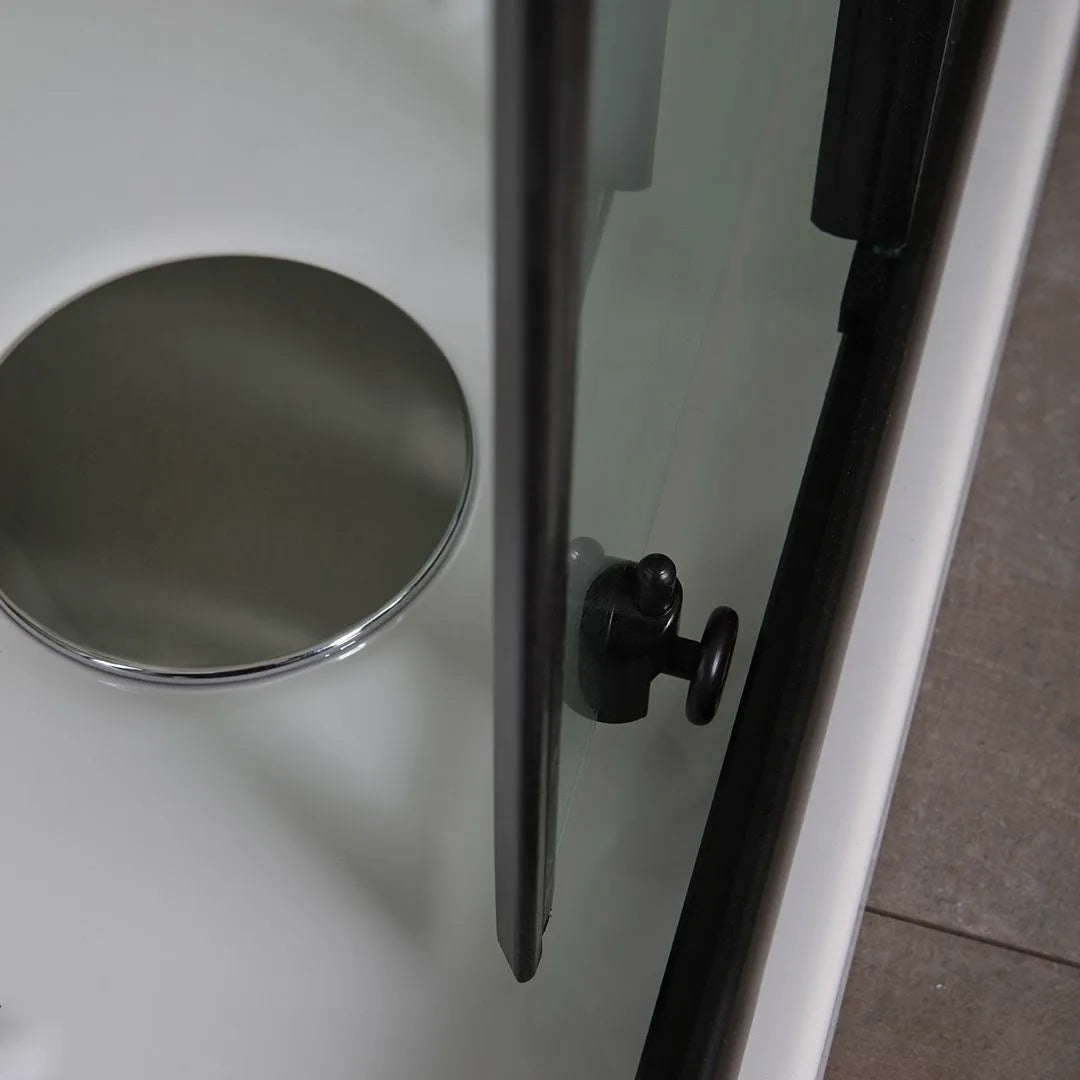 Modern "Cielo" sliding shower enclosure with silkscreened finish and matt black profile