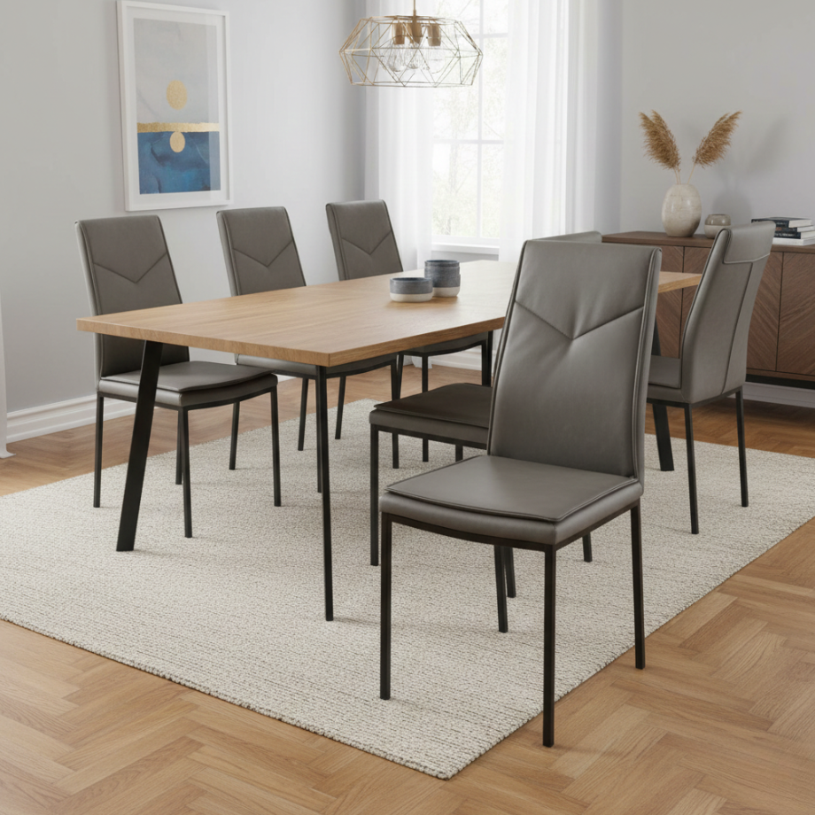Set of "Giselle" dining chairs in eco-leather with metal base, 42x60 cm, 100 cm high.