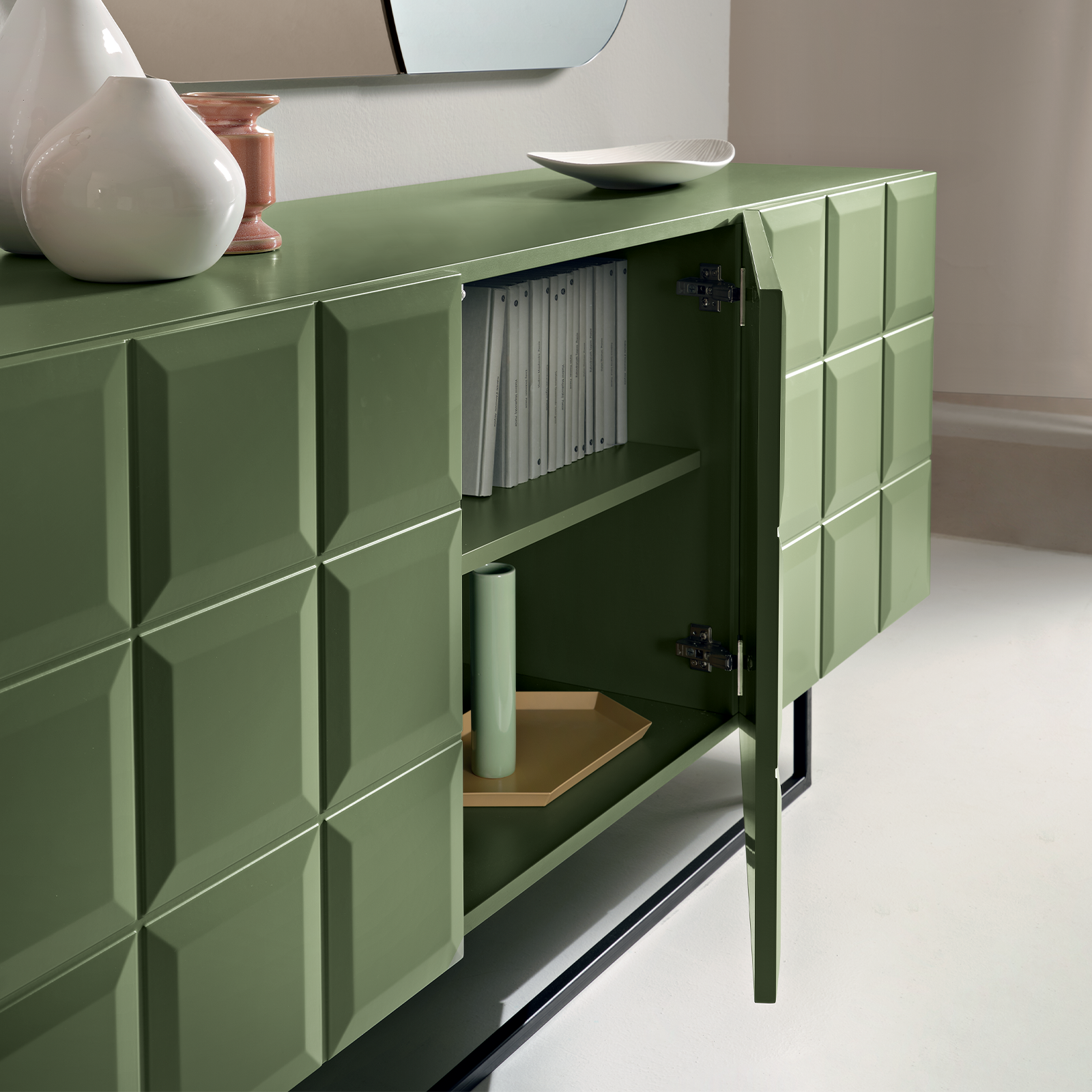 Green "Mirò" sideboard with lacquered MDF doors, chipboard body and black painted metal base