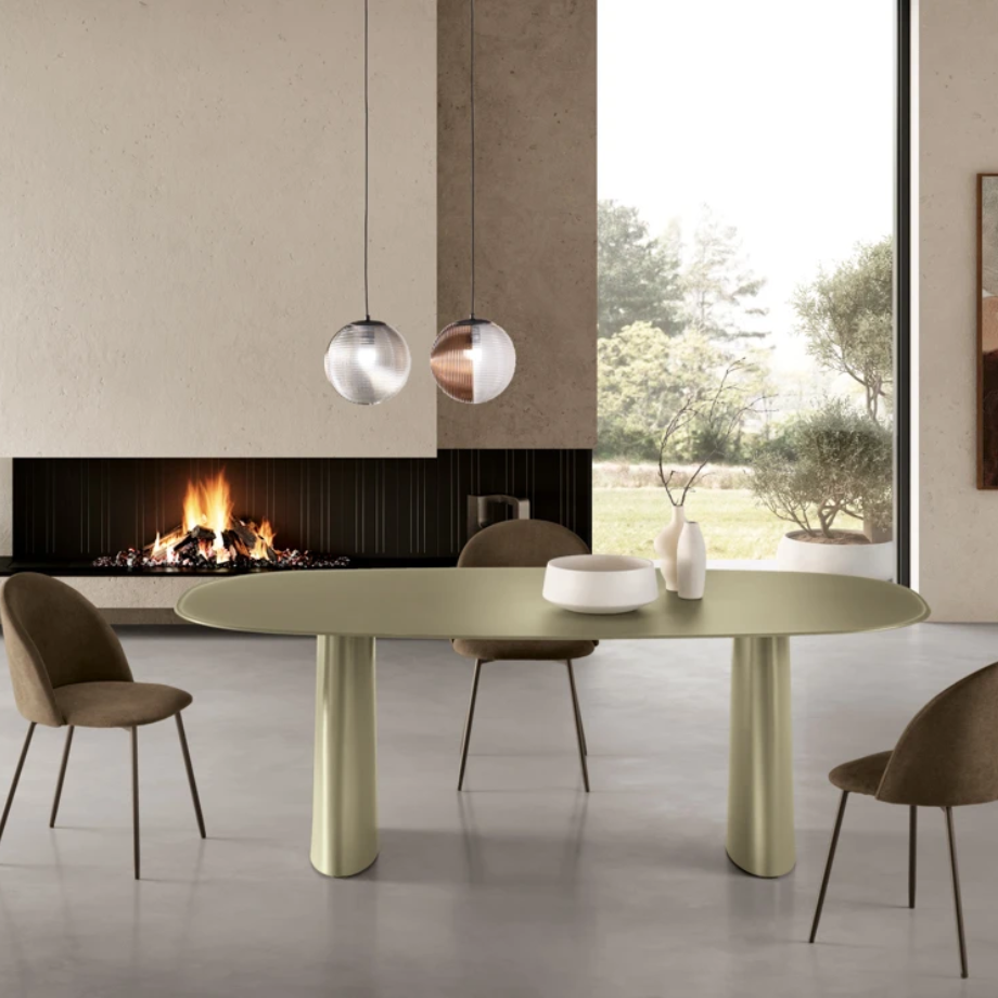 Tavolo fisso di design "Anuel" in vetro opaco e base scultorea in MDF cm 220x110 76h