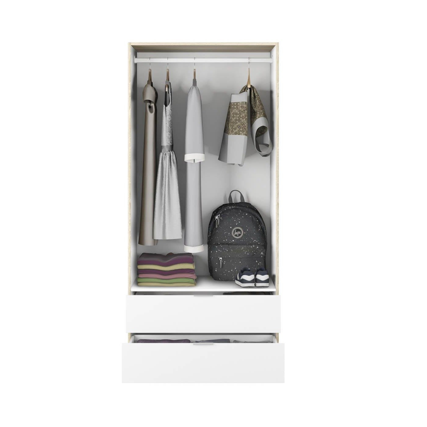 Armadio in legno bianco rovere a 2 ante con 2 cassetti cm80x52 180h