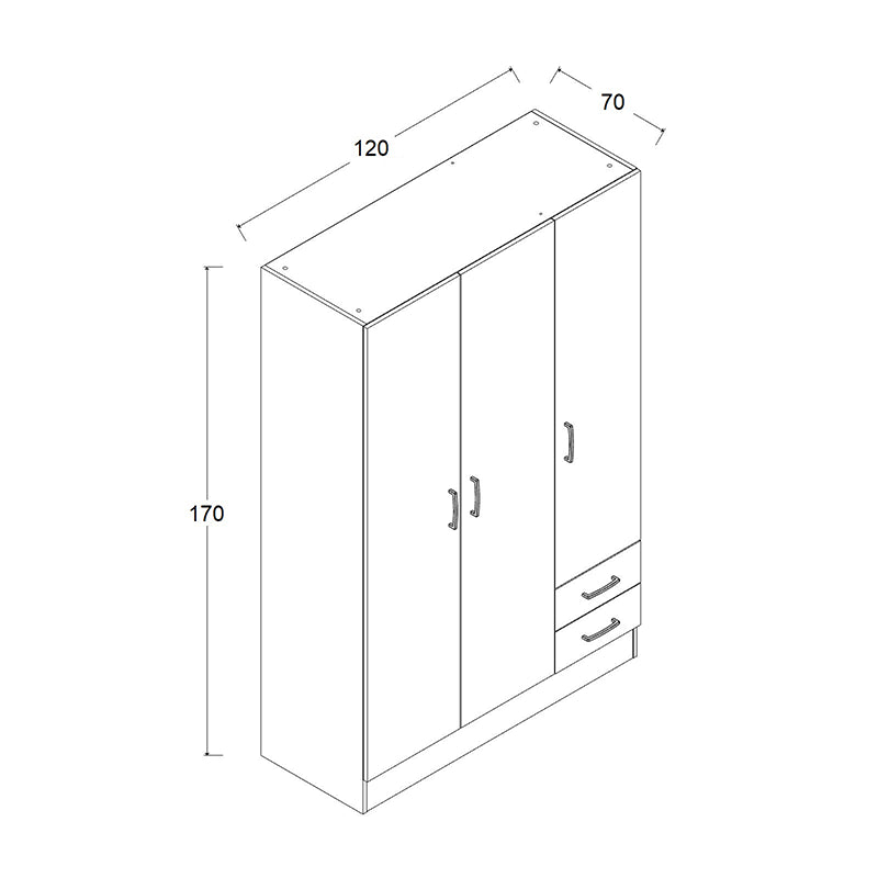 Armadio in legno bianco a 3 ante con 2 cassetti cm 120x47 184h