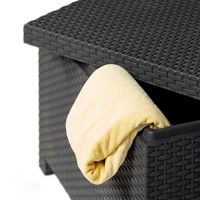 Cassapanca in resina effetto rattan panca contenitore con ruote e manici l 123 cm