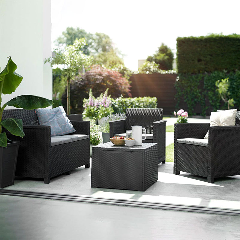 Salotto set Rattan Rosalie divano poltrone e tavolino contenitore per giardino