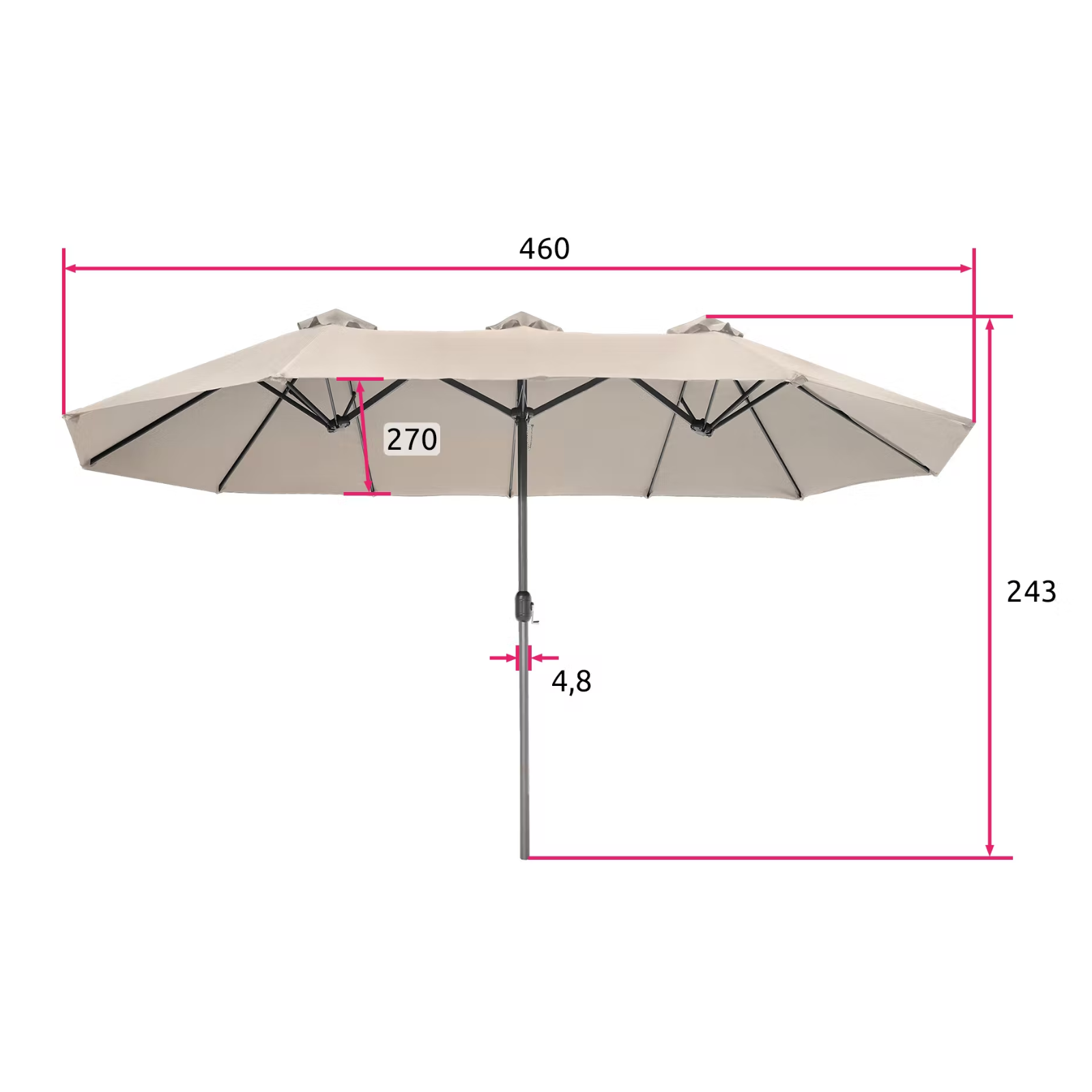 Ombrellone modello Silia con 3 tettucci in alluminio beige cm 460x270 h241
